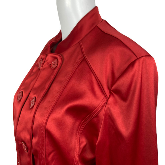 Victor Costa Jacket Blazer Womens Sz M Red Satin Stretch Button Hook Eye - Picture 2 of 9